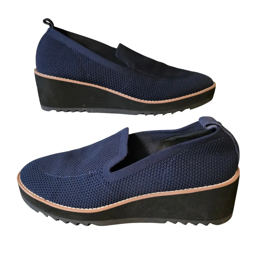 Eileen Fisher Womens Navy Blue Stretch Knit‎ Platform Wedge Loafers Size 9.5